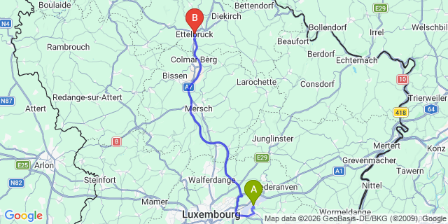 Map: Luxembourg Airport (LUX) to Ettelbruck