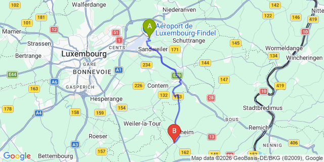 Map: Luxembourg Airport (LUX) to Filsdorf
