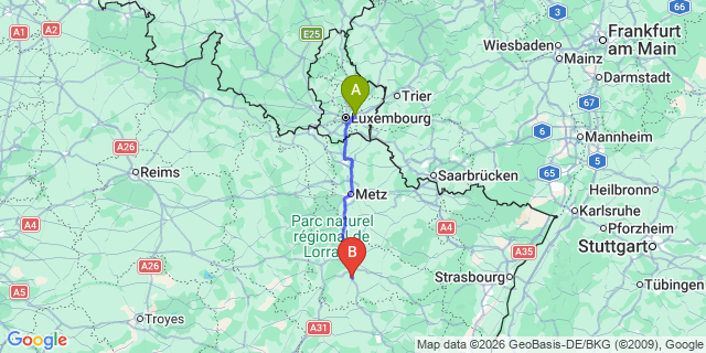 Map: Luxembourg Airport (LUX) to Flavigny-sur-Moselle