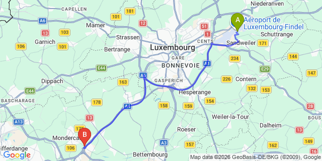 Map: Luxembourg Airport (LUX) to Foetz