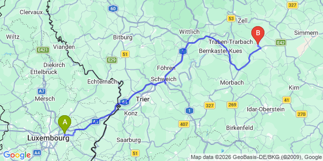 Map: Luxembourg Airport (LUX) to Frankfurt Hahn