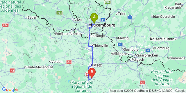Map: Luxembourg Airport (LUX) to Gare de Lorraine TGV