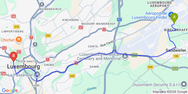 Map: Luxembourg Airport (LUX) to Gomery