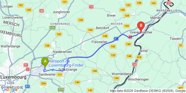 Map: Luxembourg Airport (LUX) to Grevenmacher