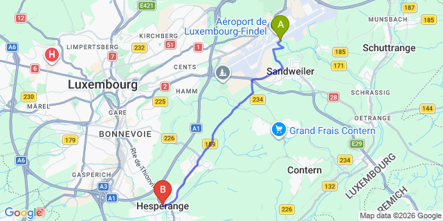 Map: Hesperange to Luxembourg Airport (LUX)