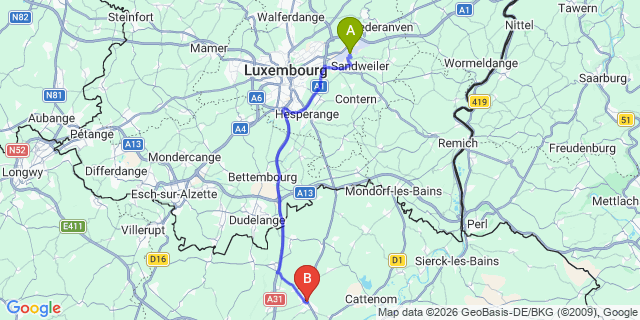 Map: Luxembourg Airport (LUX) to Hettange-Grande