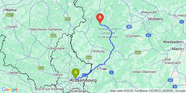 Map: Luxembourg Airport (LUX) to Hillesheim
