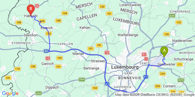 Map: Luxembourg Airport (LUX) to Hobscheid