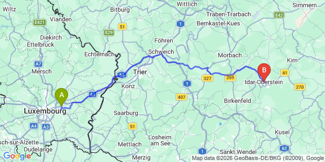 Map: Luxembourg Airport (LUX) to Idar-Oberstein