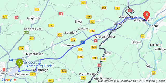 Map: Luxembourg Airport (LUX) to Igel