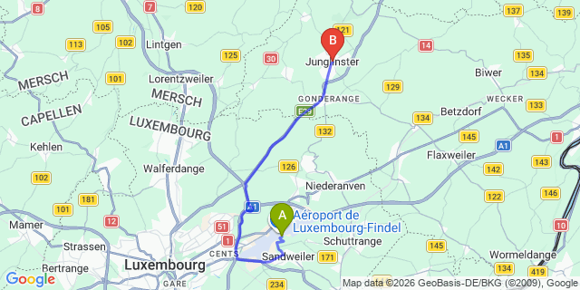 Map: Luxembourg Airport (LUX) to Junglinster