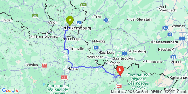 Map: Luxembourg Airport (LUX) to Kalhausen