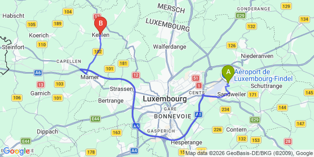 Map: Luxembourg Airport (LUX) to Kehlen