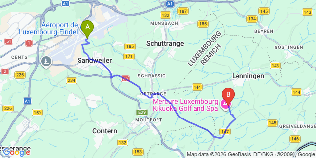 Map: Luxembourg Airport (LUX) to Kikuoka Golf Resort