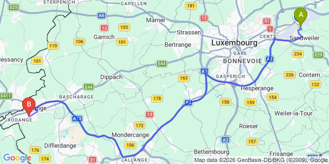 Map: Luxembourg Airport (LUX) to Lamadelaine