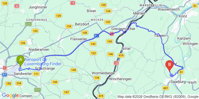Map: Luxembourg Airport (LUX) to Landal Warsberg