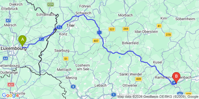 Map: Luxembourg Airport (LUX) to Landstuhl