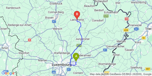 Map: Luxembourg Airport (LUX) to Larochette