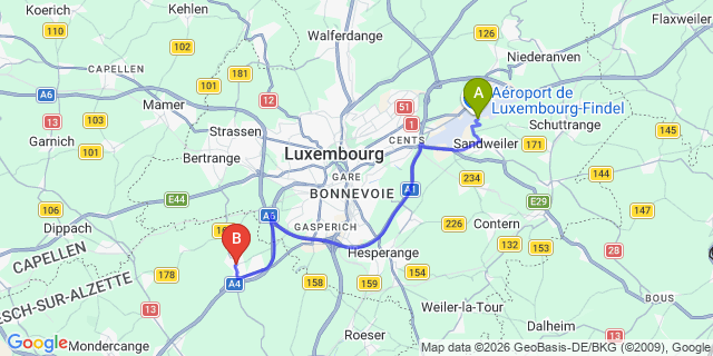 Map: Luxembourg Airport (LUX) to Leudelange