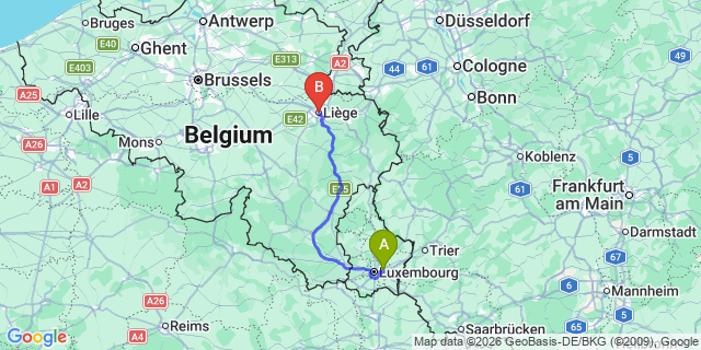 Map: Luxembourg Airport (LUX) to Liège