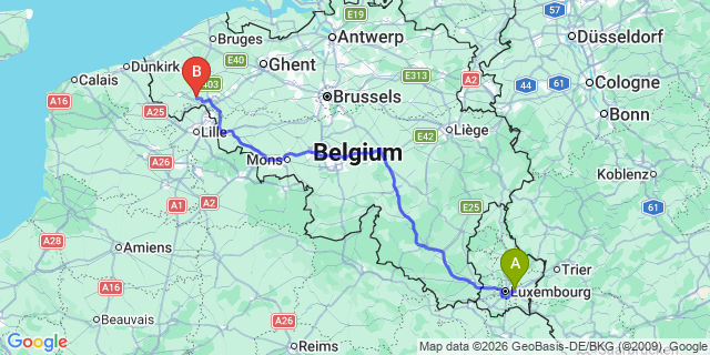 Map: Luxembourg Airport (LUX) to Lille (France)