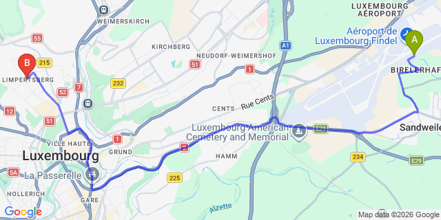 Map: Luxembourg Airport (LUX) to Limpertsberg