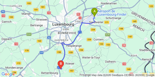 Map: Luxembourg Airport (LUX) to Livange