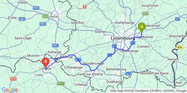 Map: Luxembourg Airport (LUX) to Longwy