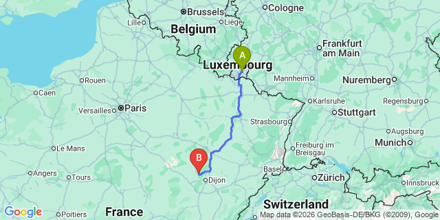 Map: Luxembourg Airport (LUX) to Lyon