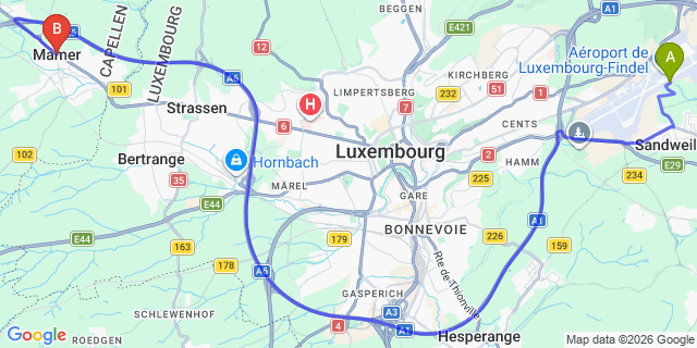 Map: Luxembourg Airport (LUX) to Mamer