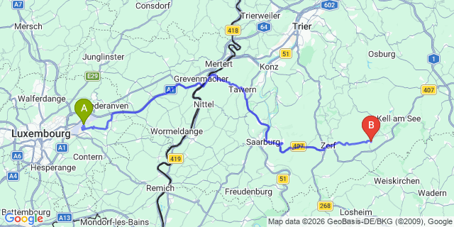 Map: Luxembourg Airport (LUX) to Mandern