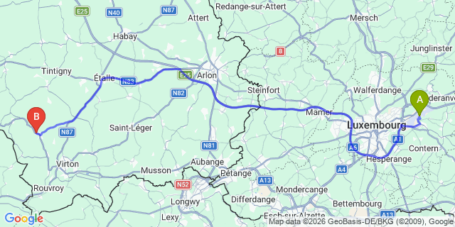 Map: Luxembourg Airport (LUX) to Meix-devant-Virton