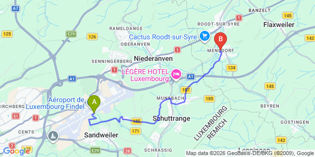 Map: Luxembourg Airport (LUX) to Mensdorf