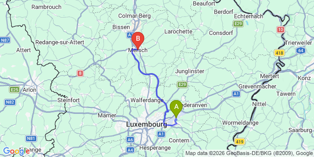 Map: Luxembourg Airport (LUX) to Mersch