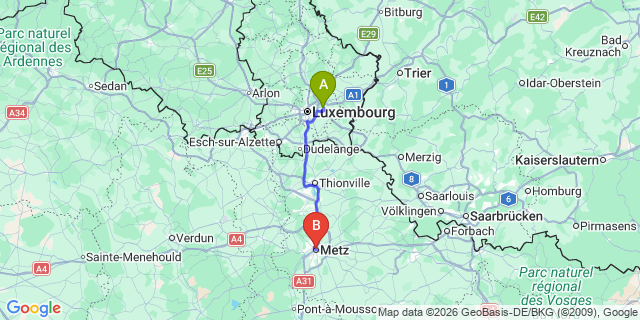 Map: Luxembourg Airport (LUX) to Metz