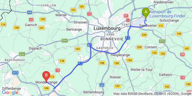 Map: Luxembourg Airport (LUX) to Mondercange
