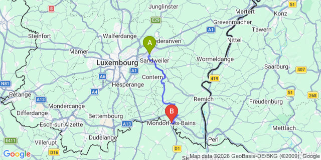 Map: Luxembourg Airport (LUX) to Mondorf-les-Bains