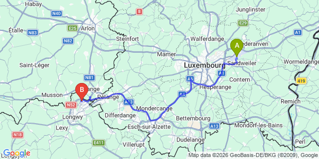 Map: Luxembourg Airport (LUX) to Mont-Saint-Martin