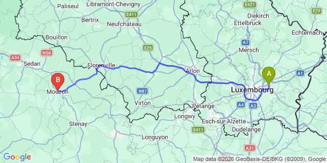 Map: Luxembourg Airport (LUX) to Mouzon