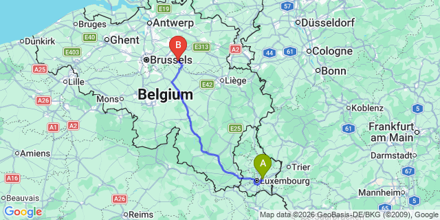 Map: Luxembourg Airport (LUX) to Namur
