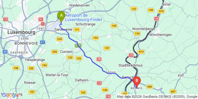 Map: Luxembourg Airport (LUX) to Nennig