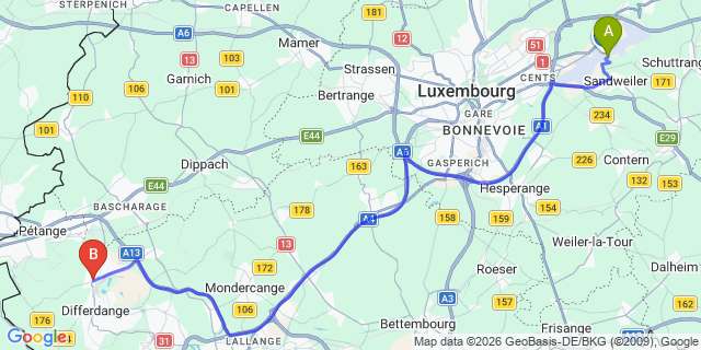Map: Luxembourg Airport (LUX) to Niederkorn