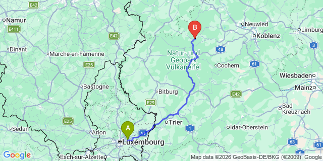 Map: Luxembourg Airport (LUX) to Nürburgring