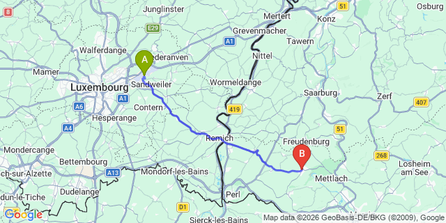 Map: Luxembourg Airport (LUX) to Orscholz