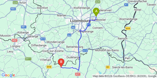 Map: Luxembourg Airport (LUX) to Ottange