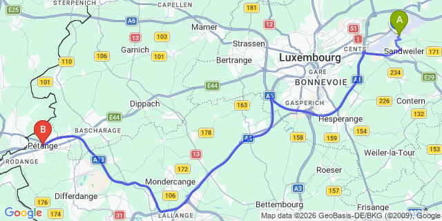 Map: Luxembourg Airport (LUX) to Pétange