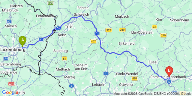 Map: Luxembourg Airport (LUX) to Ramstein-Miesenbach