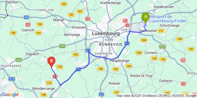 Map: Luxembourg Airport (LUX) to Reckange-sur-Mess