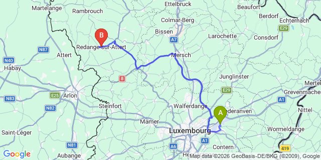 Map: Luxembourg Airport (LUX) to Redange