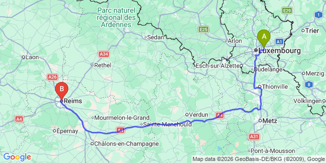 Map: Luxembourg Airport (LUX) to Reims